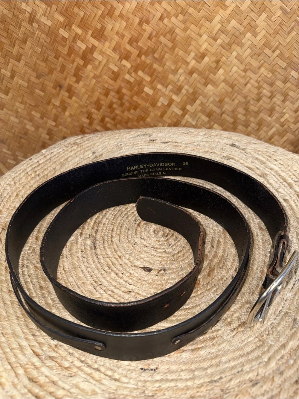 Harley-Davidson Black Top Grain Leather Belt Silver Buckle Made in USA Bikercore